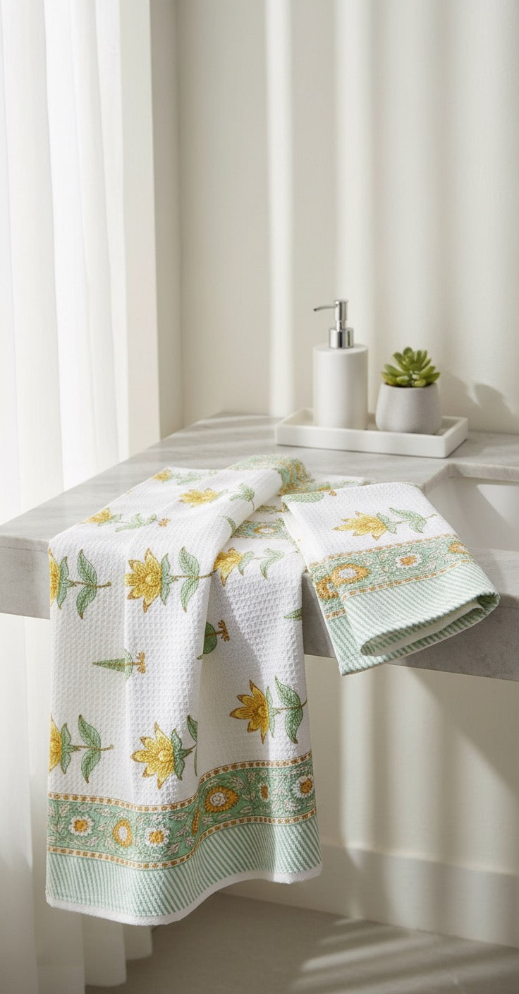 Yellow & Mint Handblock Towel Set