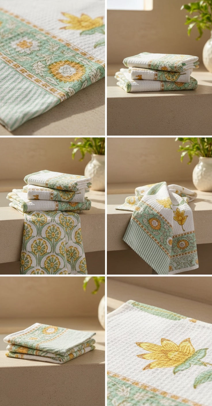 Yellow & Mint Handblock Towel Set