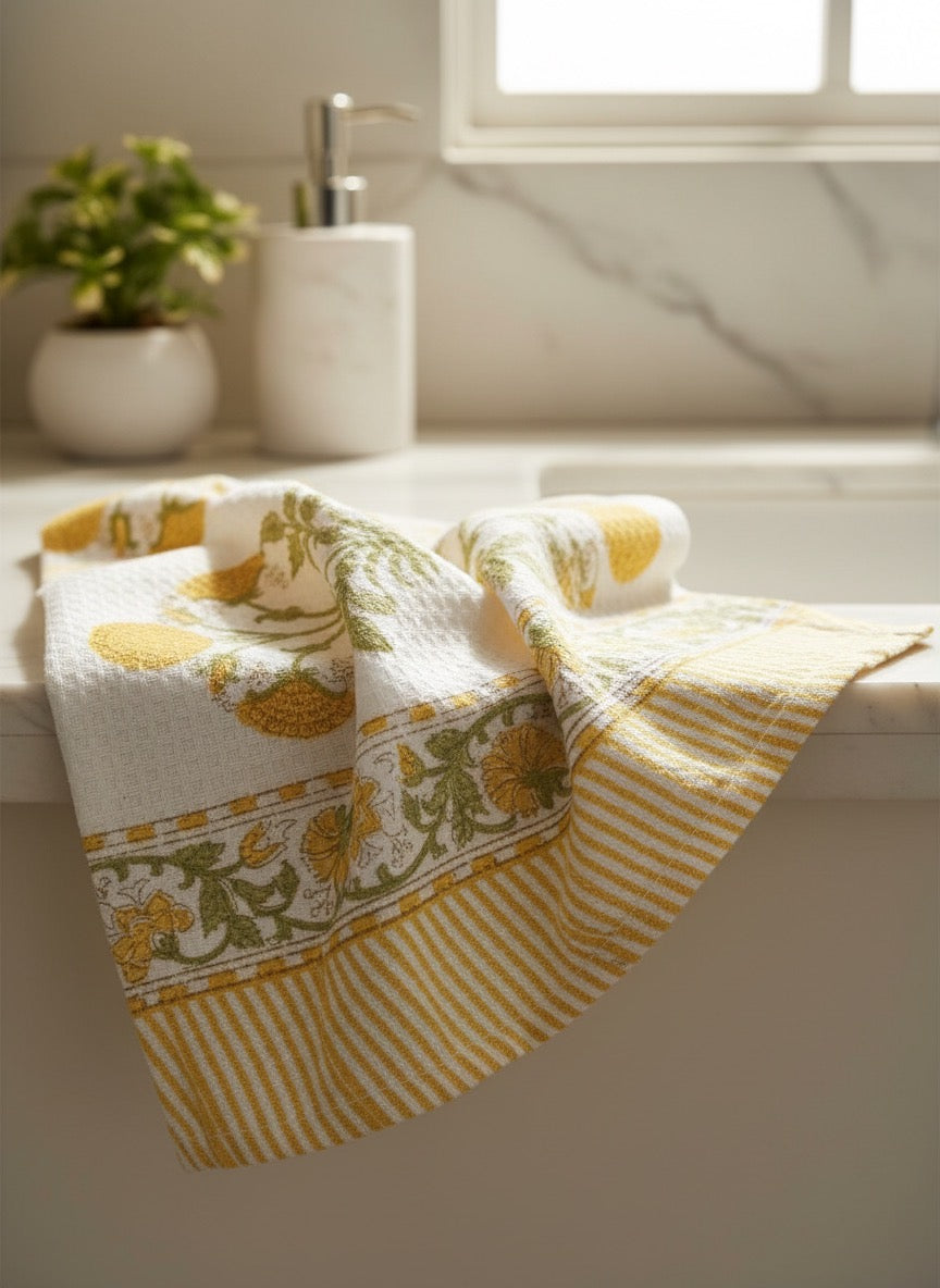 Yellow Poppy Handblock Towel Set