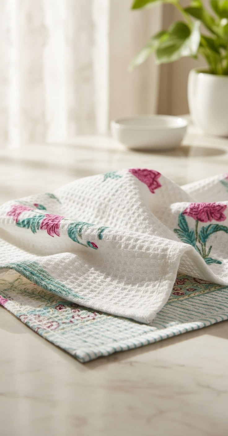 Teal & Pink Floral Handblock Towel Set