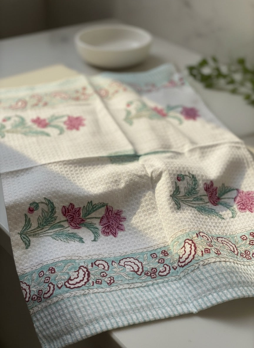 Teal & Pink Floral Handblock Towel Set