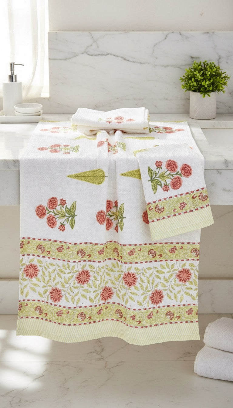 Coral Floral Handblock Towel Set