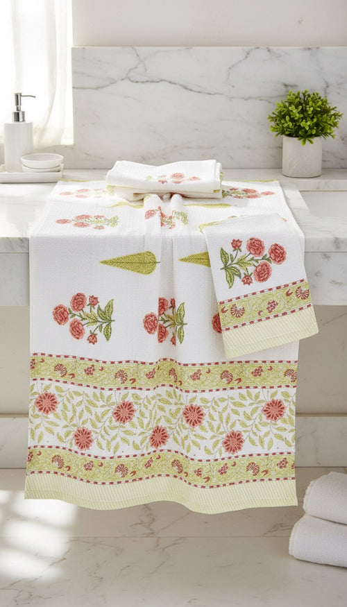 Coral Floral Handblock Towel Set